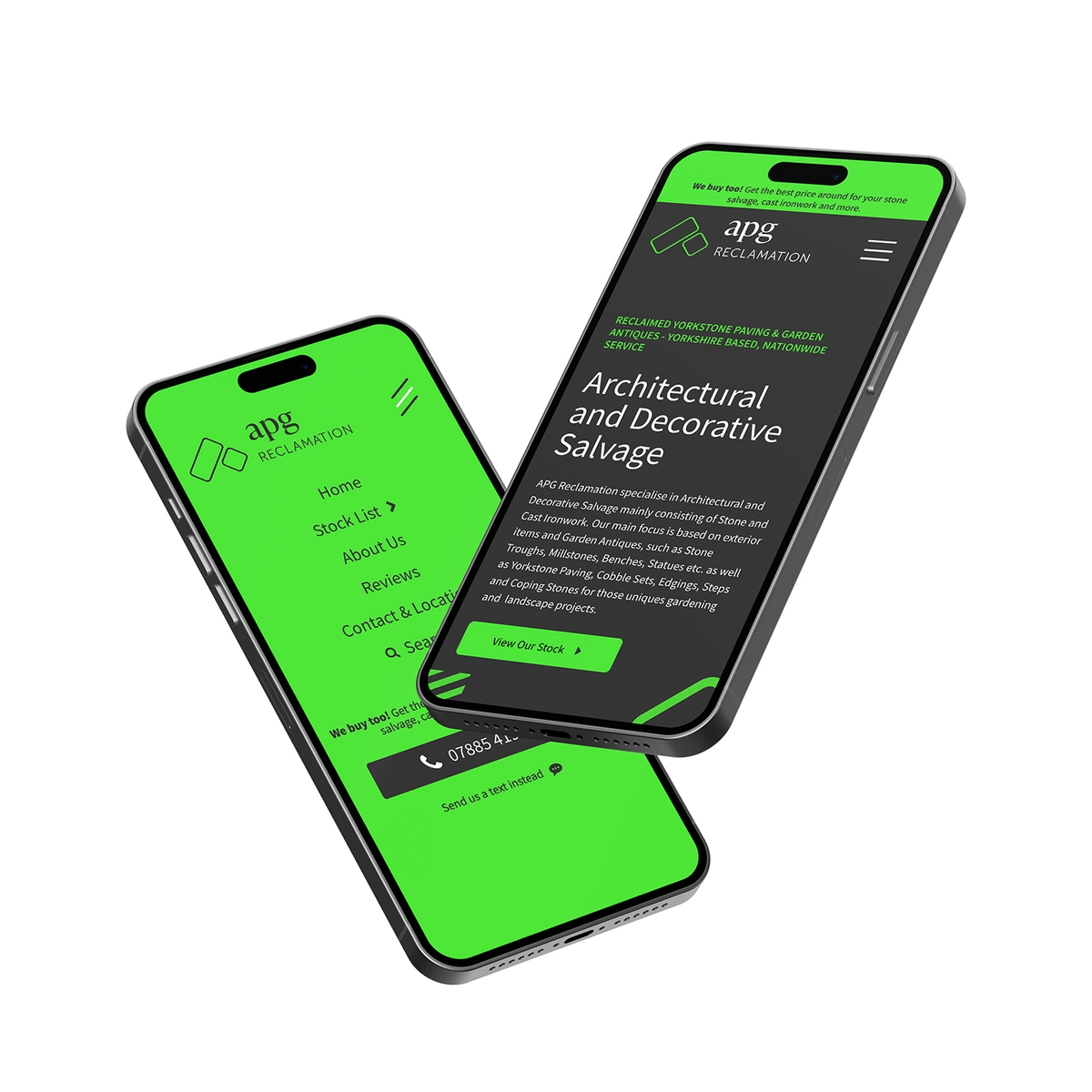 Two floating iphones overlapping each other are displaying the open navigation of the APG website on the furthest screen and the APG website homepage on the nearest screen.